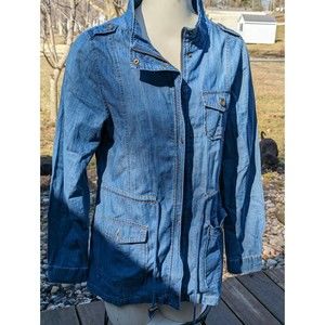 Women's 2 Sable Washed Blue Chambray Drawstring Waist Safari Type Jacket Sz Med